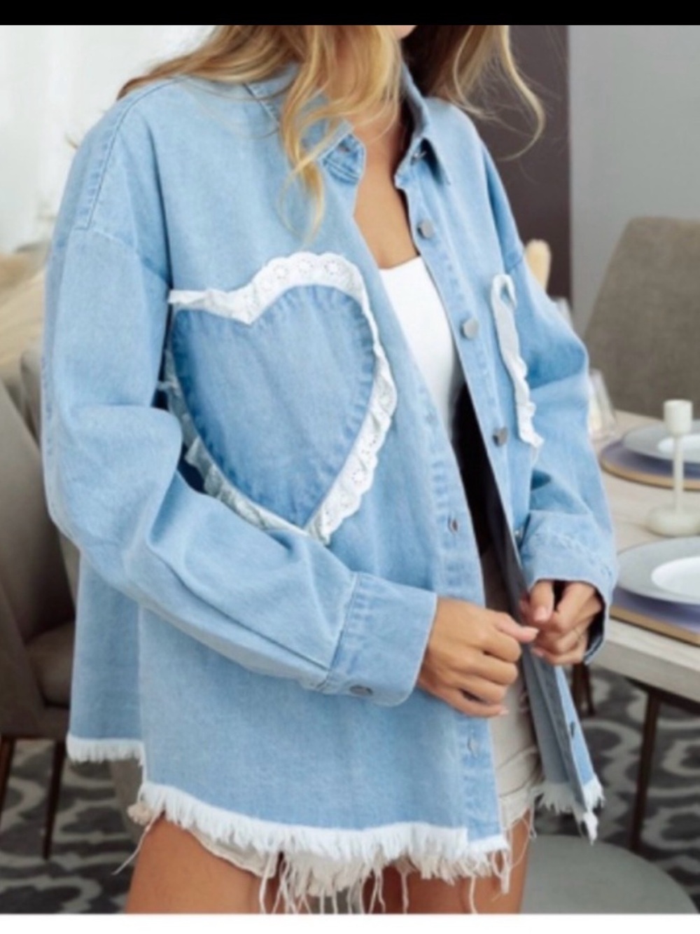 Bibi Light Wash Heart Lace Frayed Hem Button Down Shirt